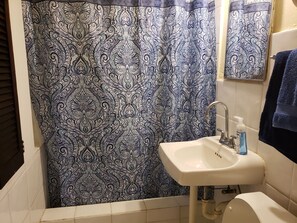 Combined shower/bathtub, hair dryer, towels, soap - Little Indigo  Apartment #2 with BIG Harbor View (St. Thomas)