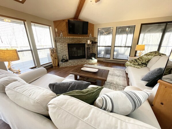 Smart TV, chimenea, reproductor de DVD y libros 