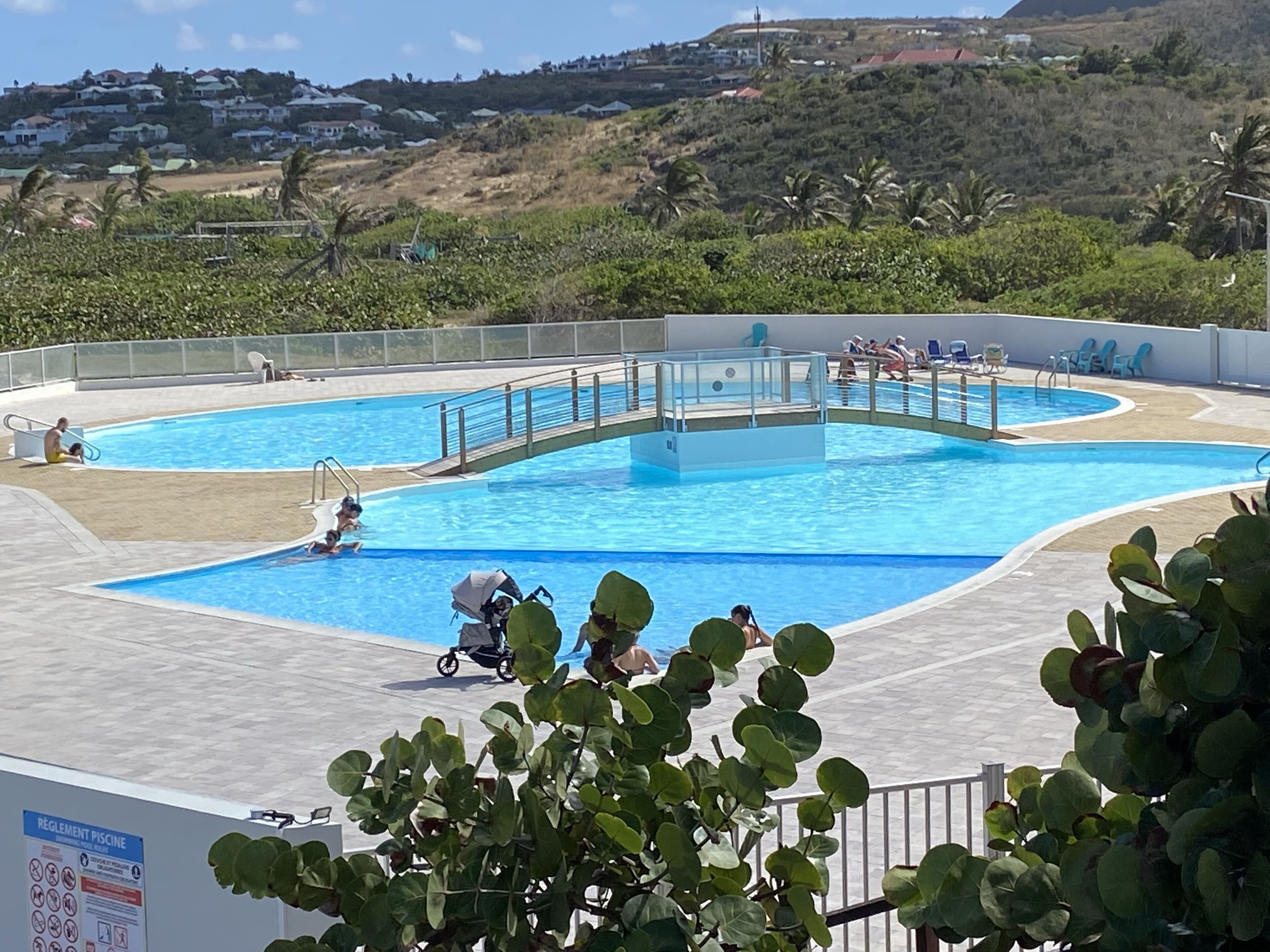 A swimming pool with a curved design, surrounded by a tiled deck and a fence. There are lounge chairs and a small bridge over the pool.