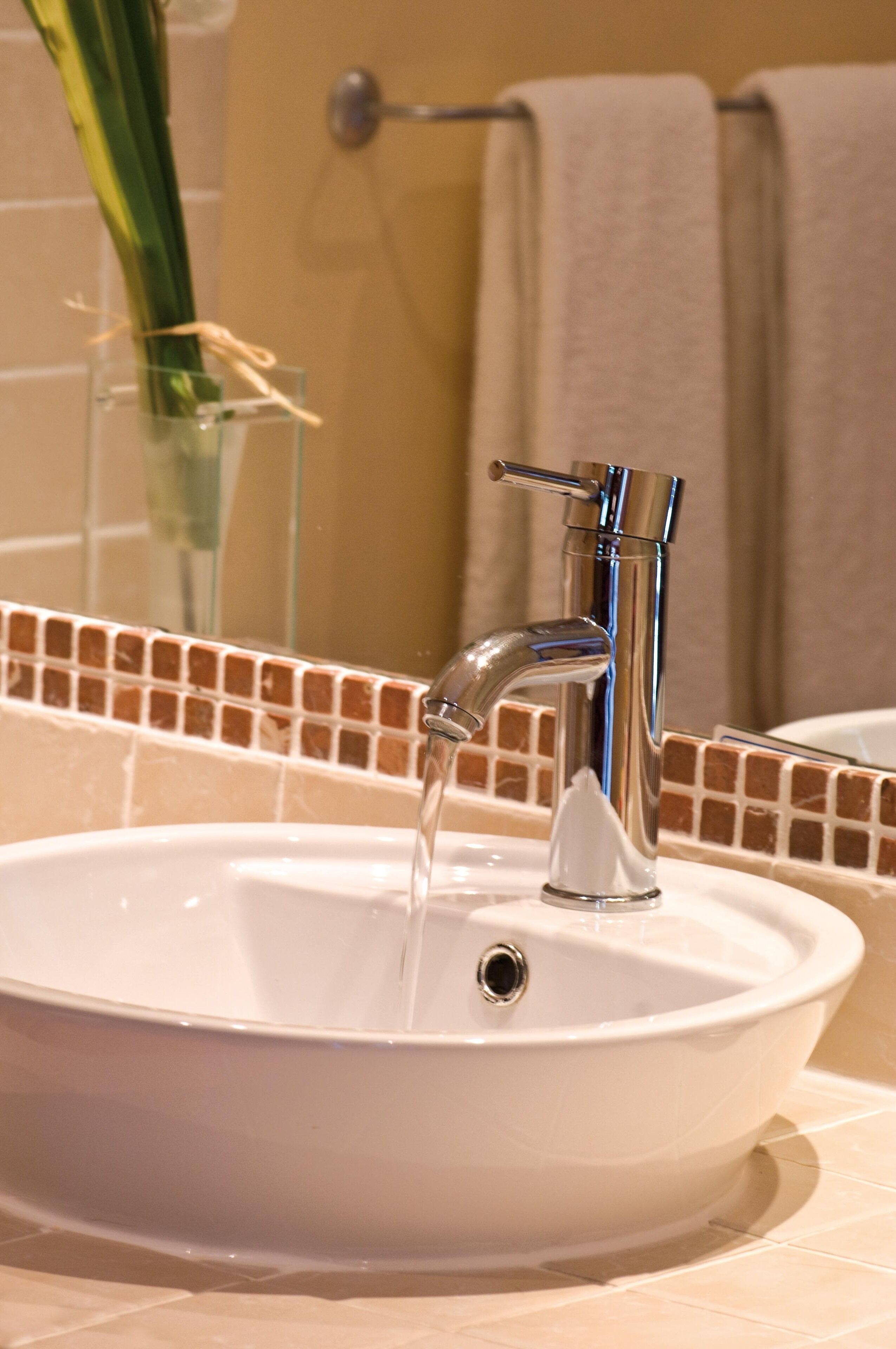 A bathroom sink with a chrome faucet, a glass vase with green leaves, and a tiled backsplash.