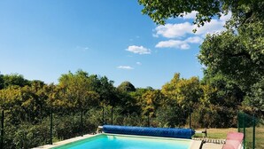 Ein rechteckiger Swimmingpool mit einer blauen Wasserrutsche, umgeben von einem Zaun und Bäumen.