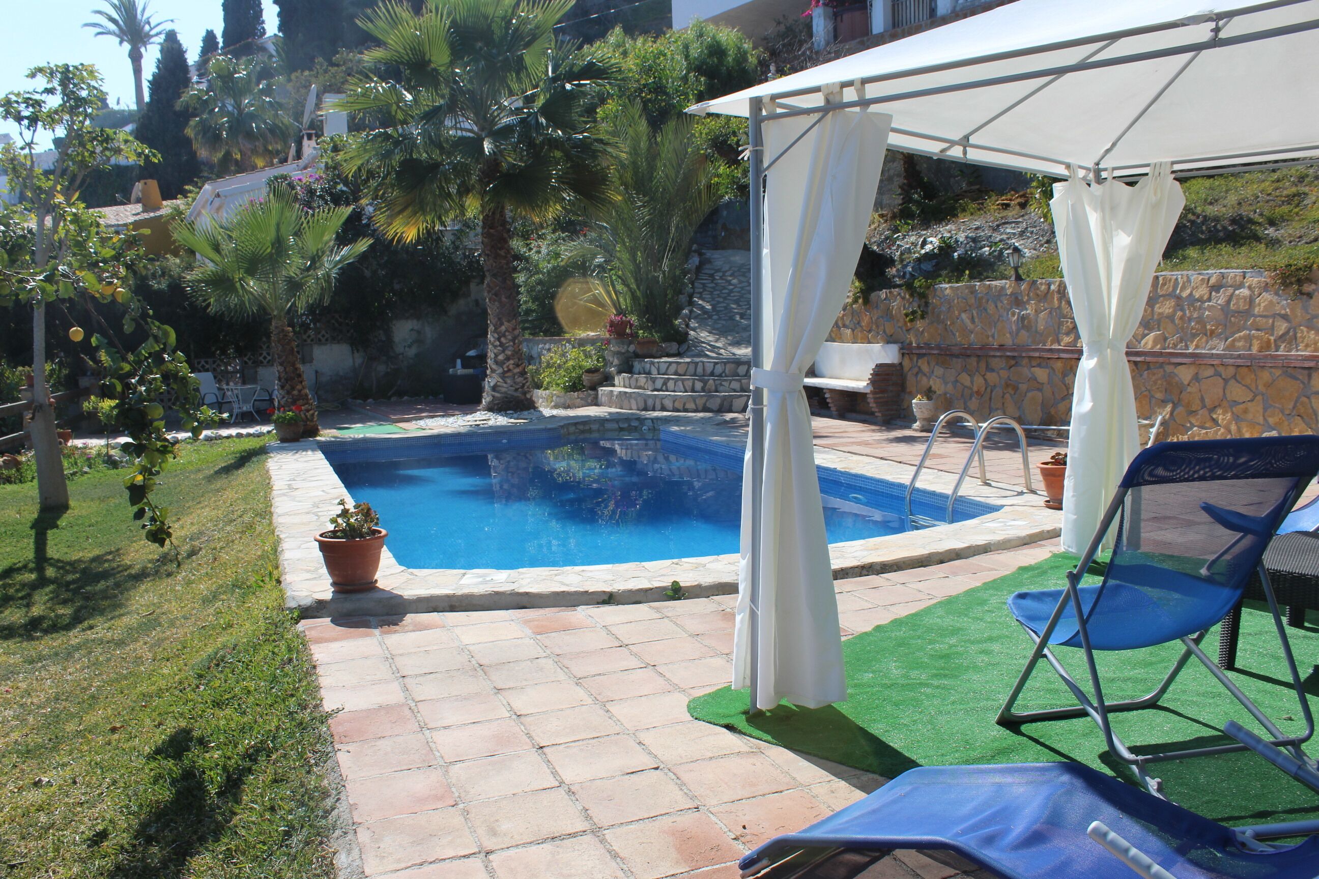 Ein Swimmingpool mit weißem Baldachin, umgeben von Topfpflanzen und einer Rasenfläche.