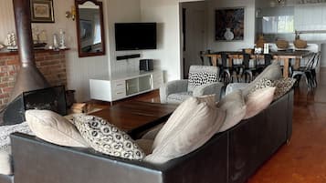 Smart TV, chimenea, reproductor de DVD y libros