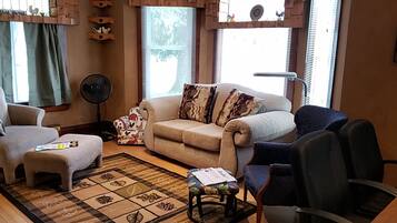 Smart TV, fireplace, DVD player, books