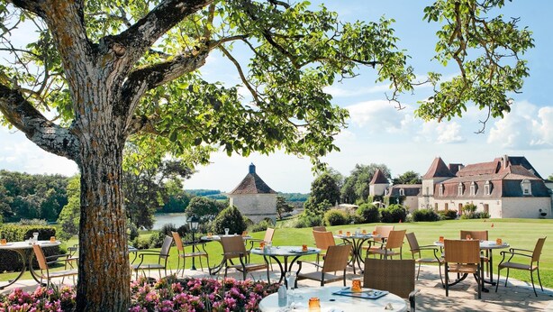 Un espace de restauration en plein air, avec des tables et des chaises rondes, entouré d’un grand arbre et de plantes en fleurs.