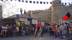 A street parade with a donkey and a person riding it, surrounded by spectators and a castle-like building in the background.