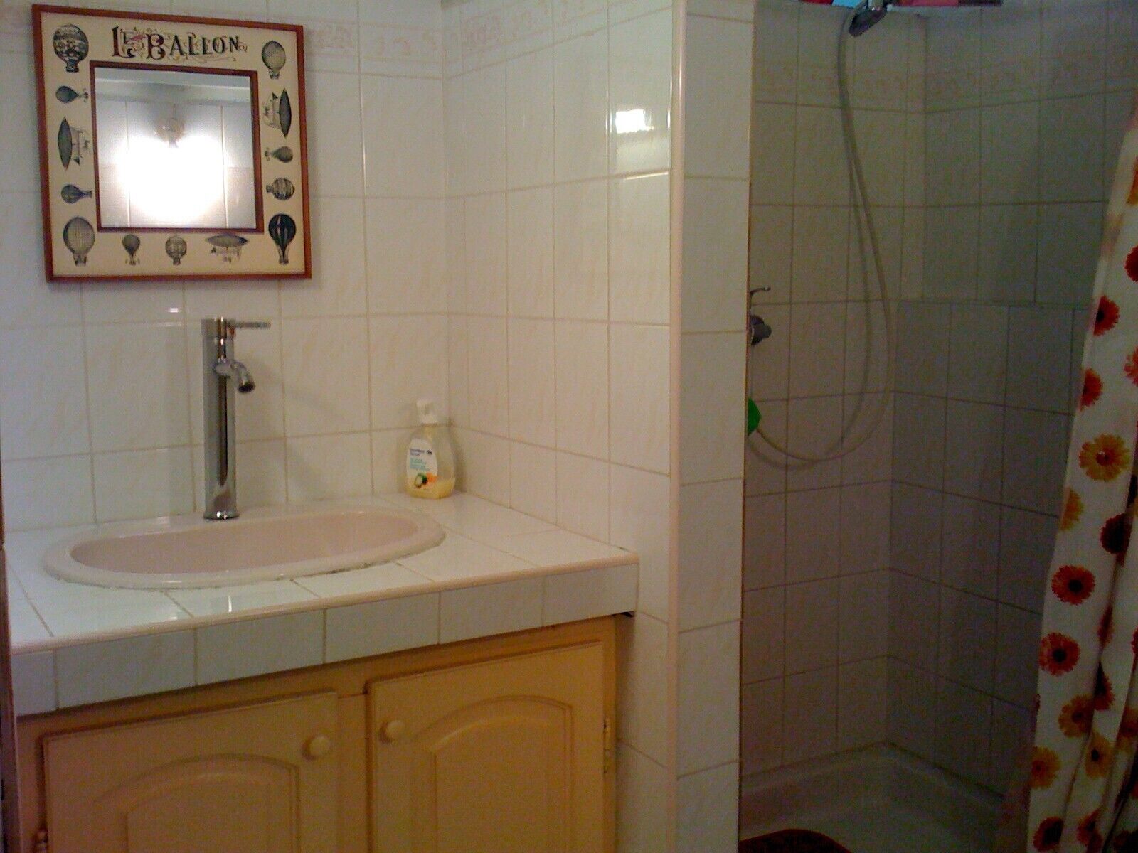 Une salle de bain avec un lavabo blanc, un miroir doté d’un cadre décoratif et un rideau de douche orné d’un motif floral.
