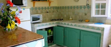 A kitchen with a microwave, toaster, sink, and green cabinets.
