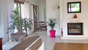A living room with a sofa, a fireplace, a potted plant, and a view of the outdoors through a window.