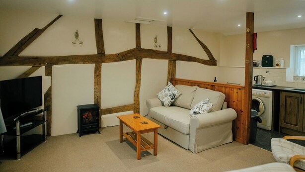 A cozy living room with a sofa, a wooden coffee table, a TV, and a kitchen area with a washing machine. - Views Of The Clwydian Range, Nr Ruthin. Snowdonia 1hr. Local pub 1 mile (Rhewl)