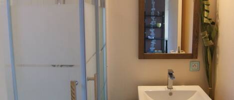 A bathroom with a white sink, a mirror, and a shower.