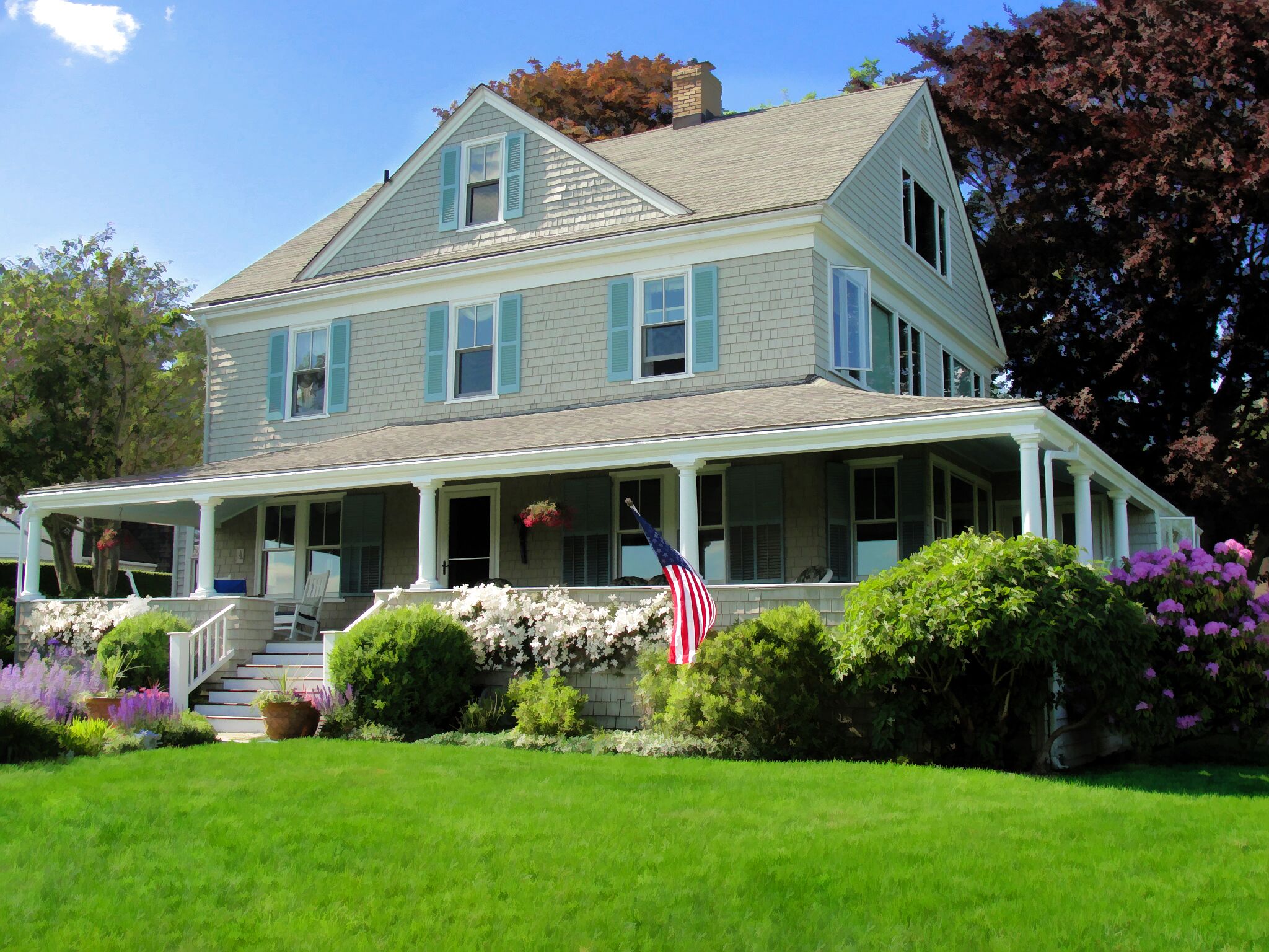 Sweeping waterviews; tranquil, wrap-around porch; walk to beach & shops