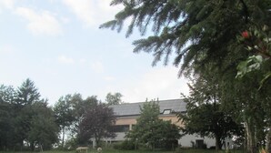 A grassy field with a building in the background, surrounded by trees. - Beltblick offers two large, comfortable apartments, located on Johannisberg (Fehmarn)