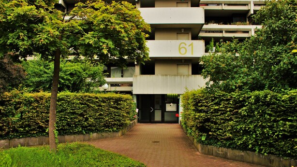 Un chemin menant à un bâtiment portant le numéro 61, entouré de verdure et bordé d’un trottoir en briques.