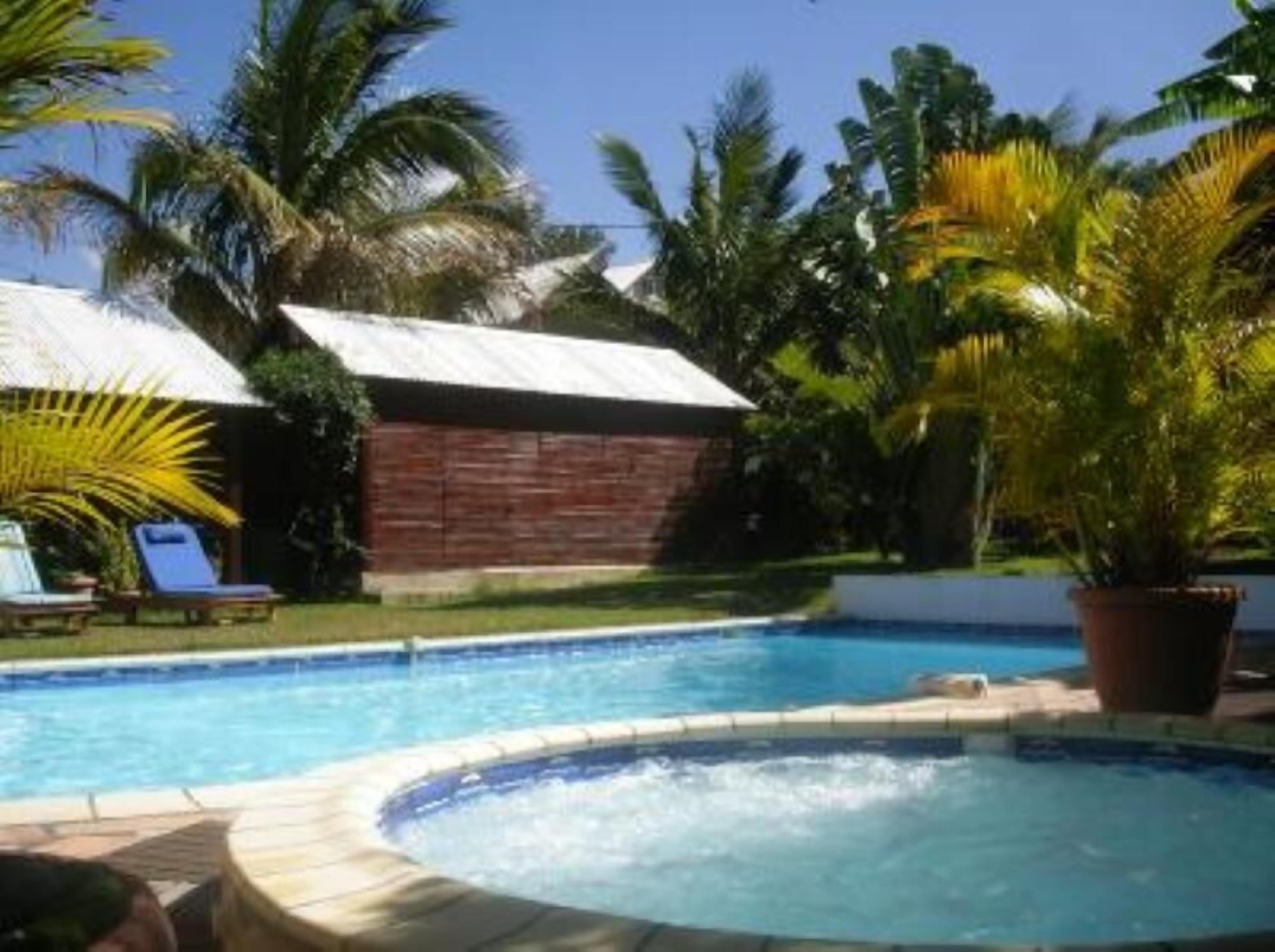 A swimming pool with a hot tub, surrounded by palm trees and a wooden structure.