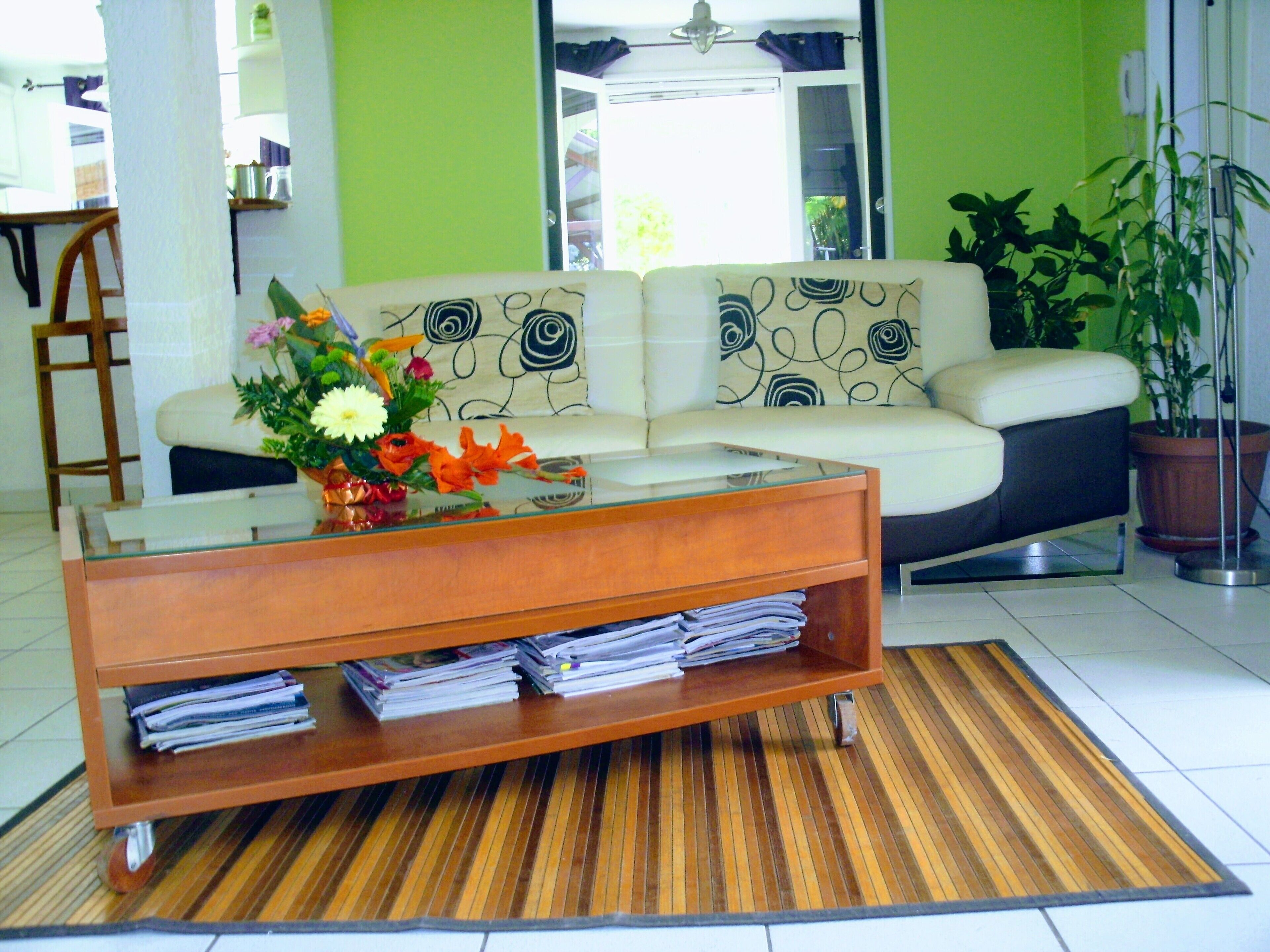 A living room with a sofa, a coffee table with papers, and a potted plant.