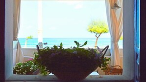 A window with a view of the sea, a potted plant, and a chair. - Old fisherman's house overlooking the sea, along the Capo d'Orlando promenade (Capo D'orlando)