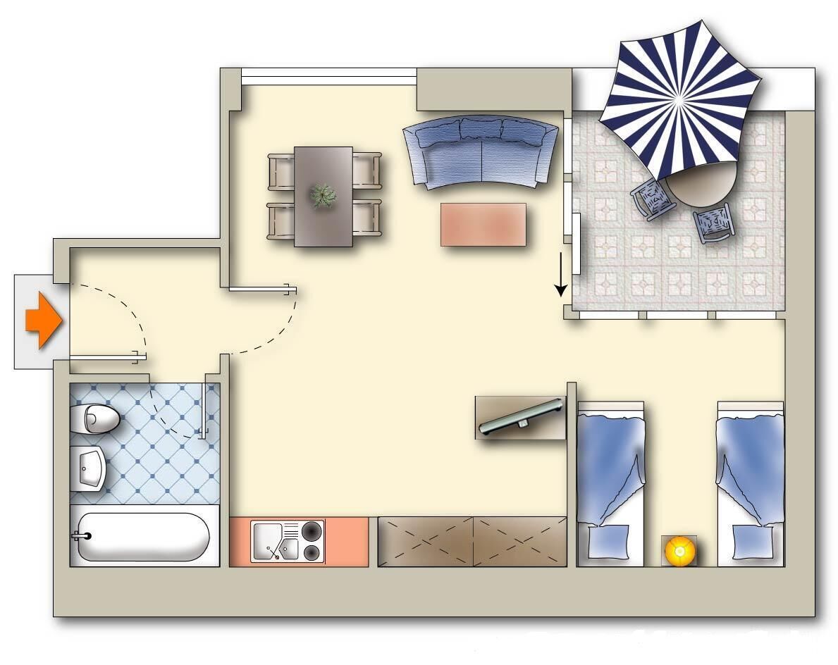 Ein Hotelzimmer mit Bad, Essbereich, Sofa, kleinem Tisch und einem großen Sonnenschirm.