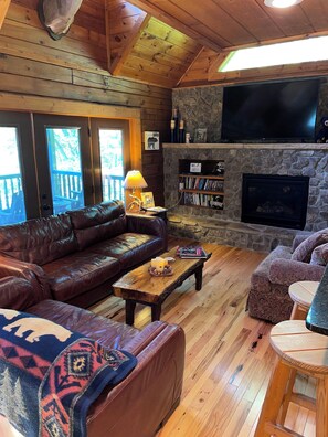 Smart TV, fireplace, DVD player, books