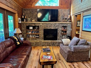 Smart TV, fireplace, DVD player, books