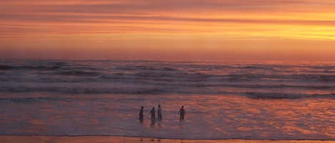 Perto da praia, espreguiçadeiras, toalhas de praia