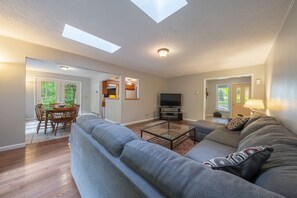 Smart TV, fireplace, books