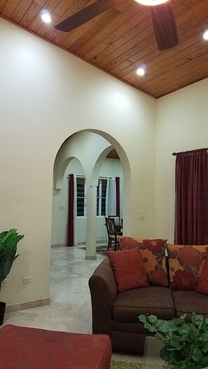 A living room with a wooden ceiling, a brown sofa, a red rug, and a potted plant.