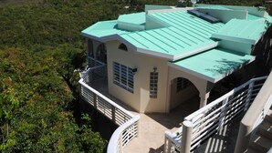 A house with a green roof, surrounded by lush greenery and hills.