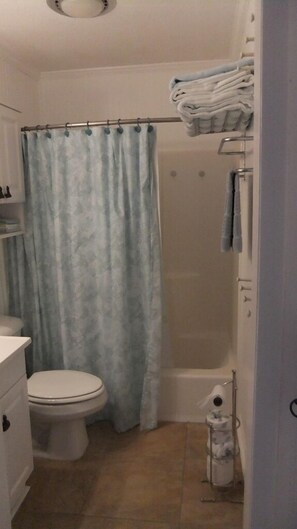 Hair dryer, towels, soap