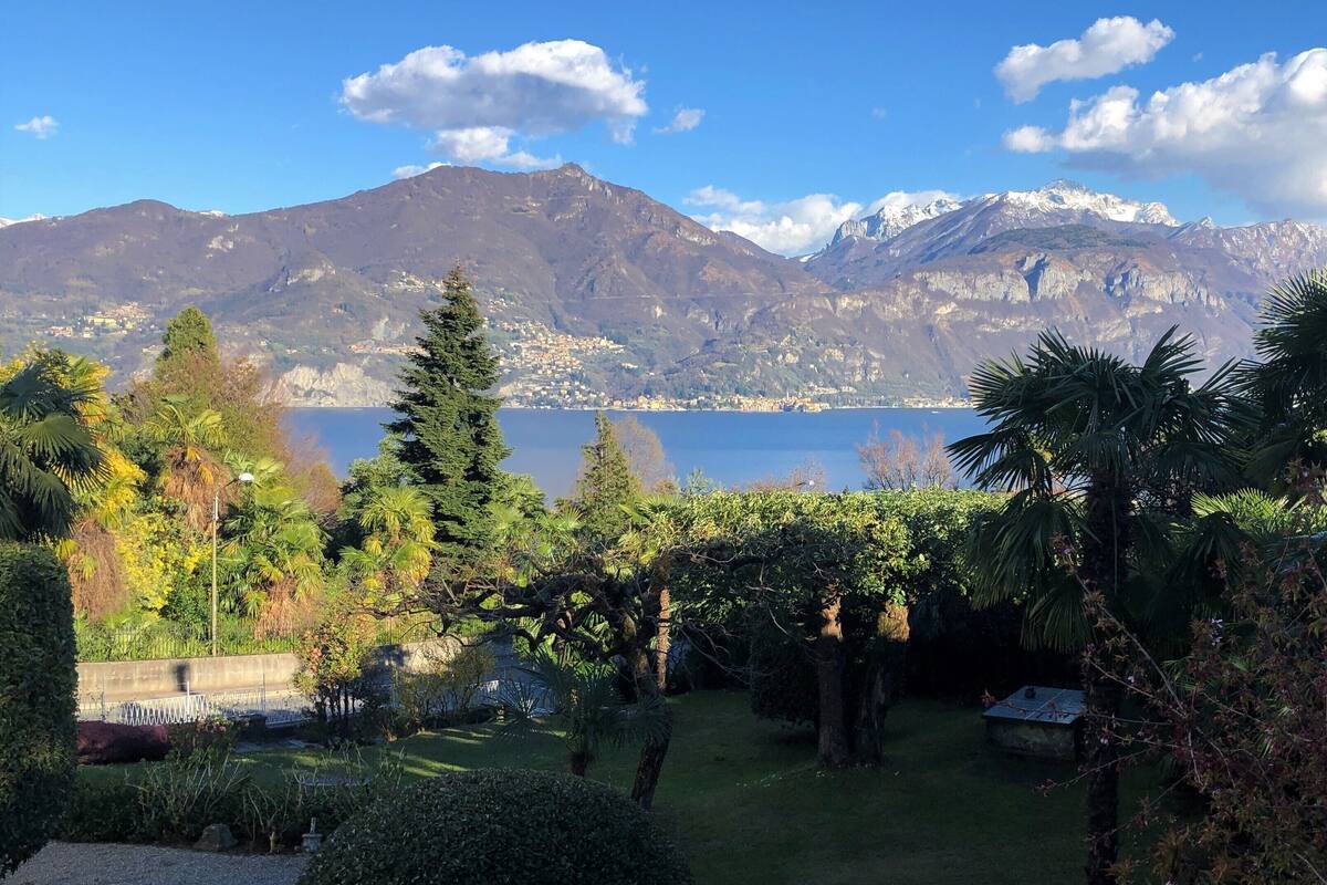 A garden with trees and a view of mountains and a lake.