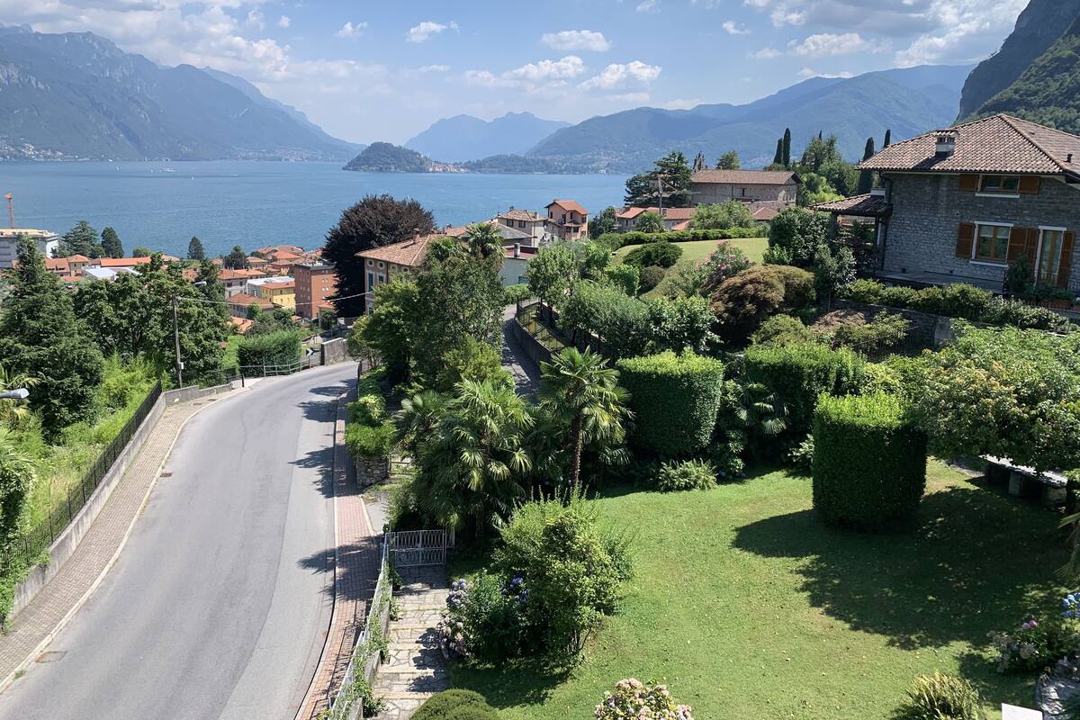 A residential area with a road, houses, and a lake with mountains in the background.