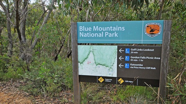 A sign for Blue Mountains National Park with a map and directions to attractions.