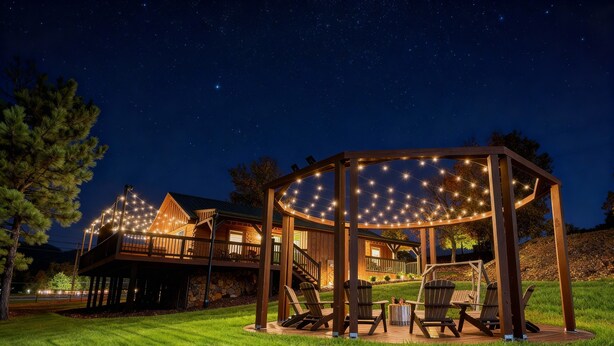 Um gazebo de madeira com luzes de cordão, rodeado por um gramado bem cuidado e uma casa com varanda.