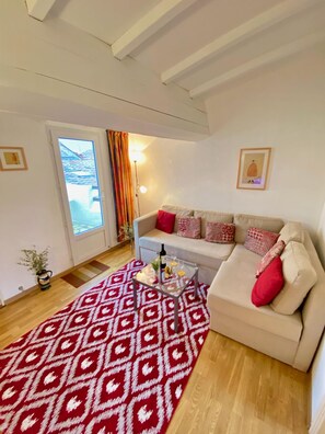 Flat-screen TV, DVD player, books, music library