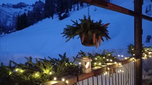 Holzgeländer mit Lichterkette, hängende Pflanze und verschneiter Berg im Hintergrund.