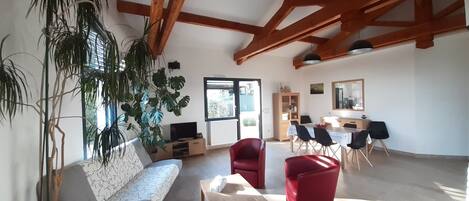 TV, DVD player, books, video library