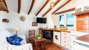 Un salon confortable avec une cheminée, un téléviseur et un coin cuisine équipé d’un lave-linge.