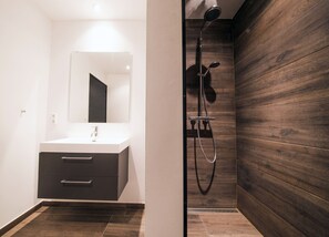 Shower, hair dryer, towels, toilet paper