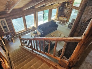 TV connectée, cheminée, lecteur de DVD, livres