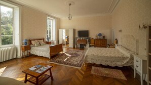 Een ruime kamer met twee bedden, een televisie, een open haard en een groot raam met uitzicht op de omgeving.