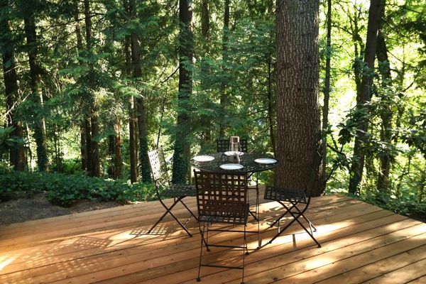 Our private deck with calming forest views. Perfect for eating or having a drink