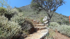A stone staircase ascending a hill, surrounded by sparse vegetation and a clear blue sky. - Villa Cape Town design and tranquility in an enchanting (kokkino chorio)