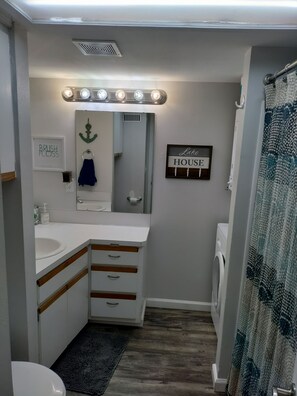Combined shower/tub, hair dryer, towels, soap
