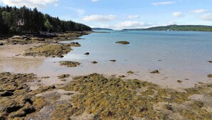 A coastal beach with rocky shores and a forested area.
