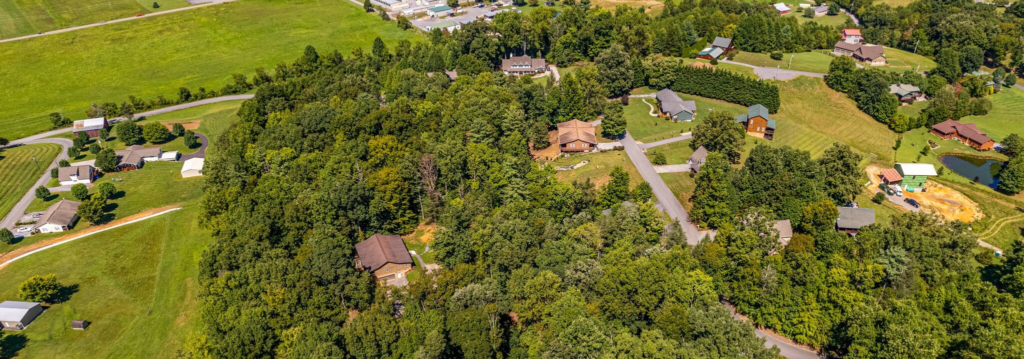 Vue aérienne d’un quartier résidentiel avec des maisons, des routes et des champs verdoyants.