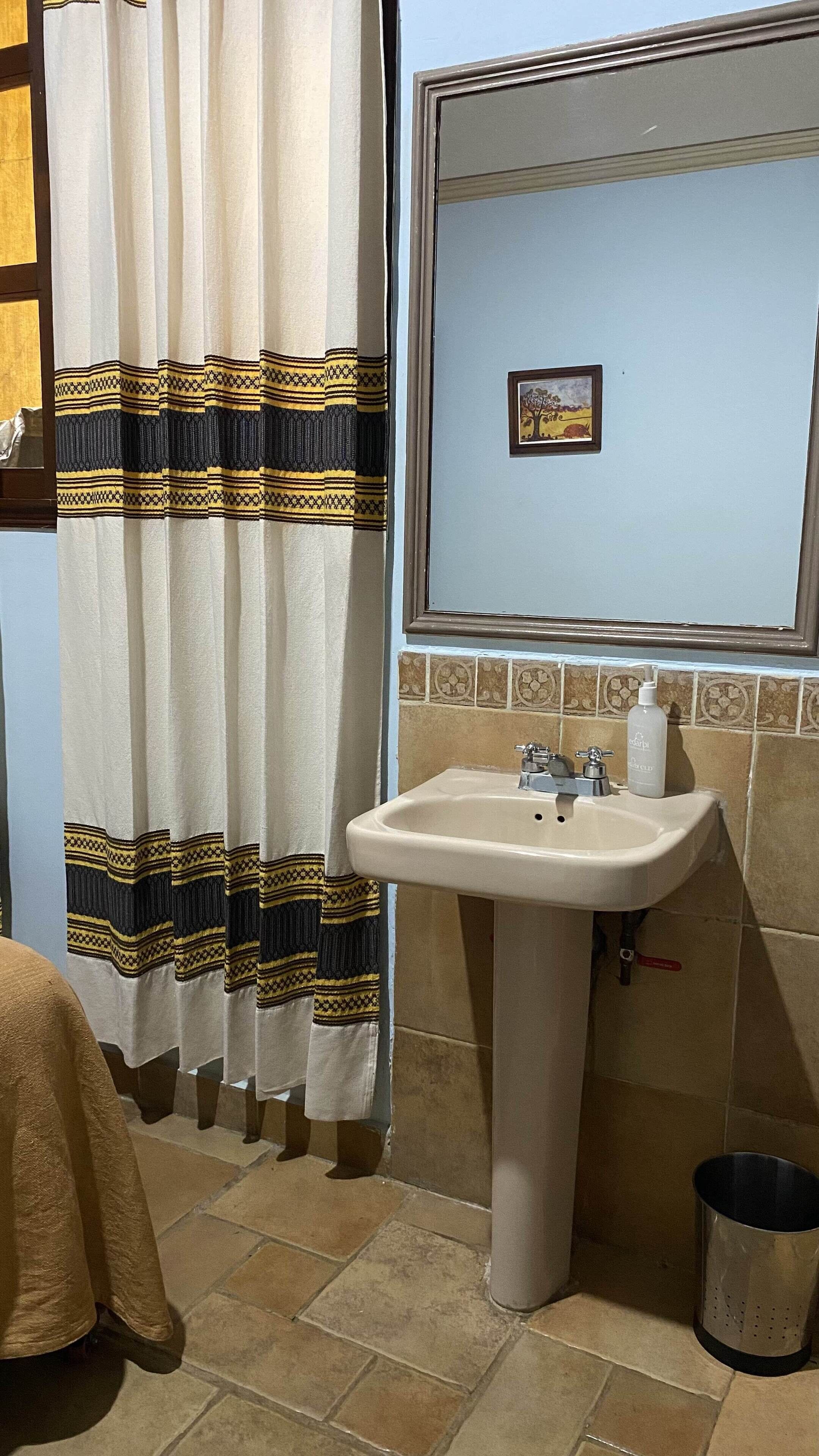 A bathroom with a sink, a mirror, a trash can, and a patterned curtain.