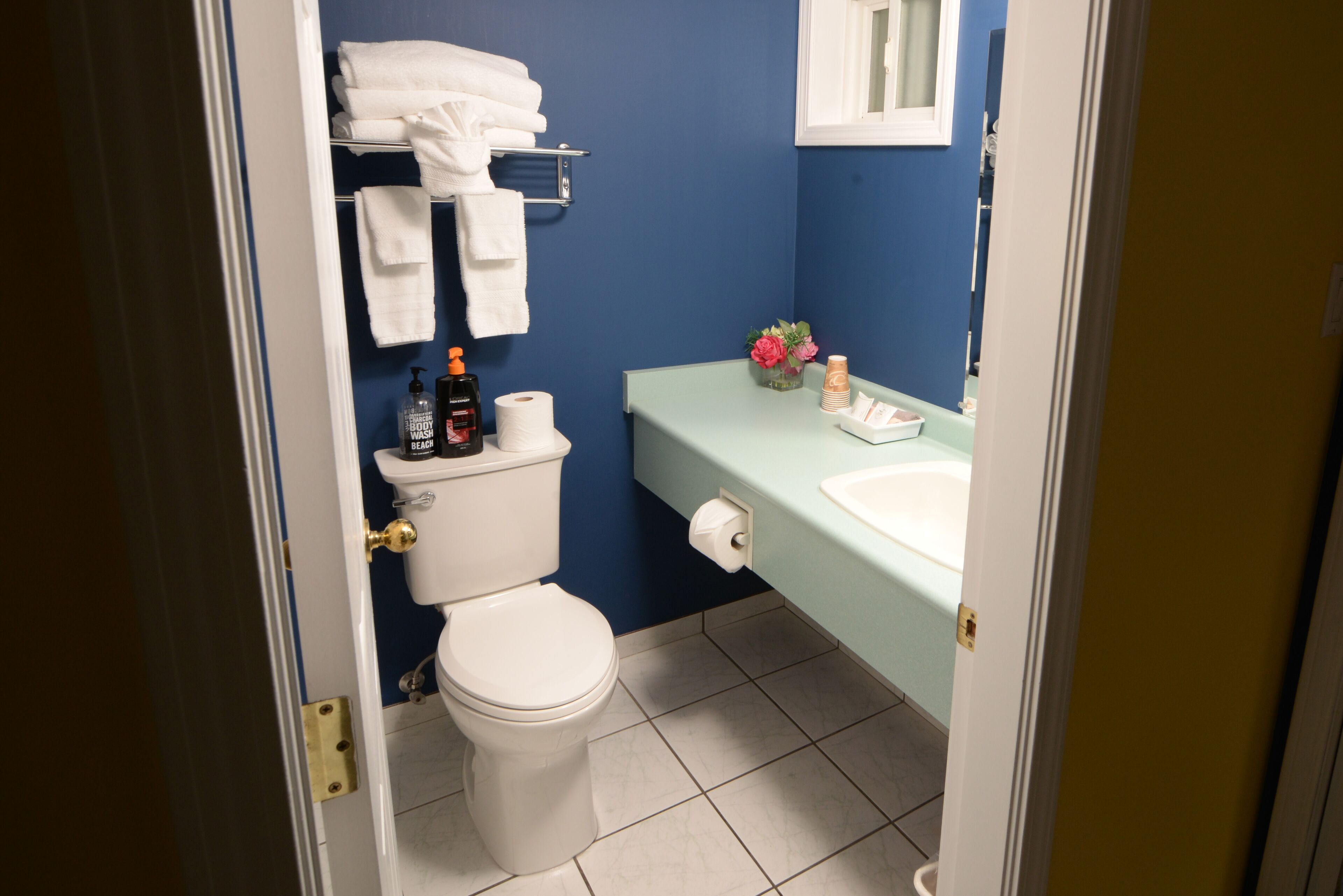 A bathroom with a toilet, a sink, and a towel rack.