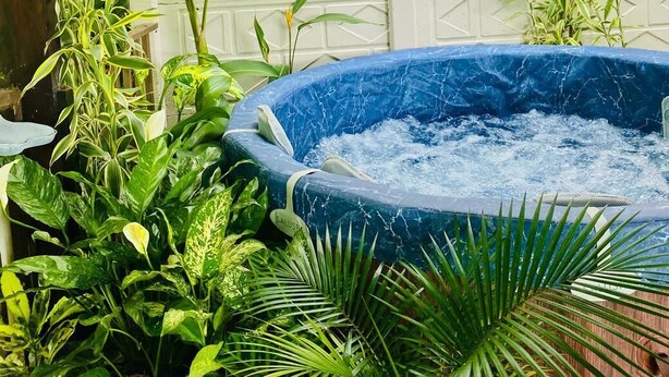 Un bain à remous entouré d’une végétation luxuriante.