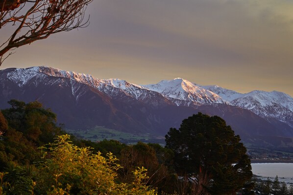 A mountainous landscape with snow-capped peaks and a valley with greenery. - Studio apartment with panoramic mountain and sea views (Kaikoura)