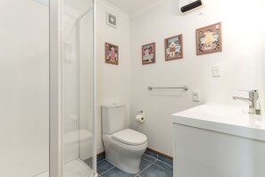 A modern bathroom with a toilet, shower, and sink. There are three framed artworks on the wall. - Studio apartment with panoramic mountain and sea views (Kaikoura)